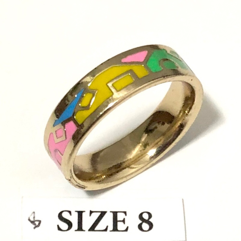 Gold Tone Ring with Mixed Colorful Enamels, Size 8